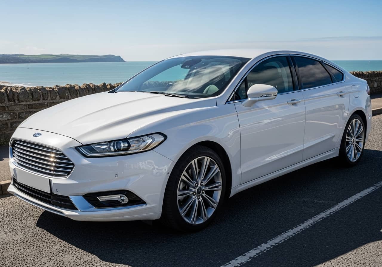 Blue Ford Focus on a Devon country lane with traditional stone walls and rolling hills, representing quality vehicle hire in Totnes's beautiful countryside